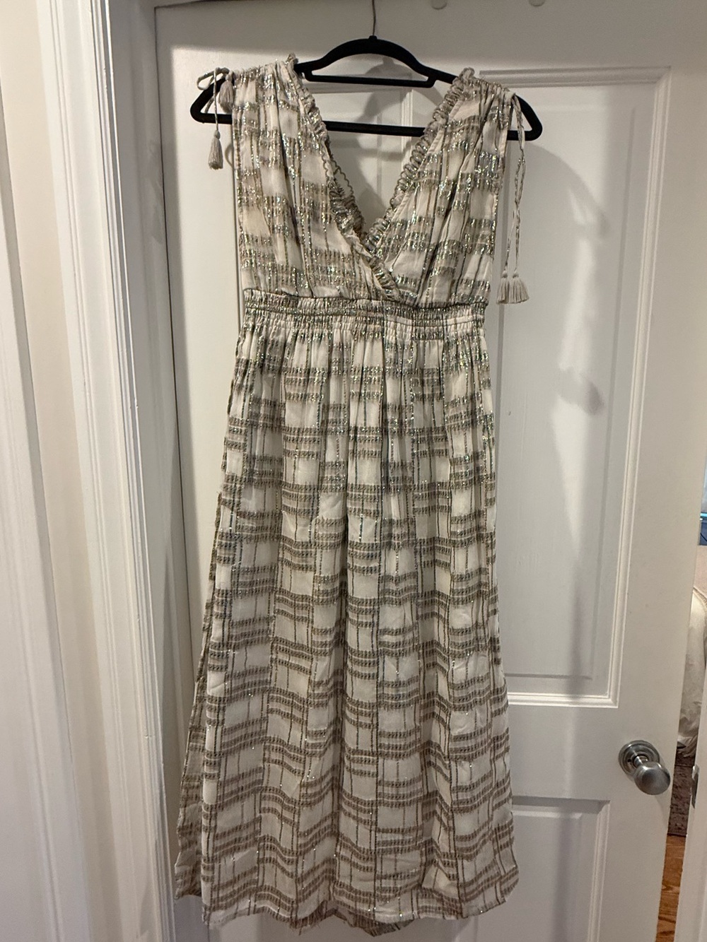 Sleeveless Cream & Beige Midi Dress with Tassel Tie Straps